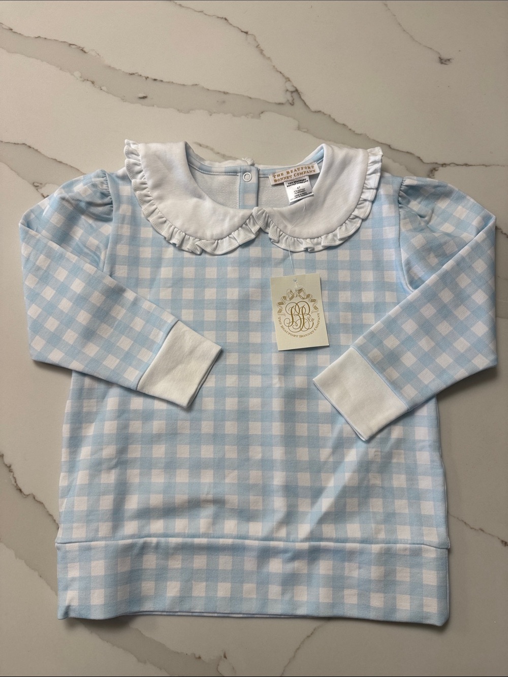 The Beaufort Bonnet Company Blue & White Gingham Ruffle Collar Top